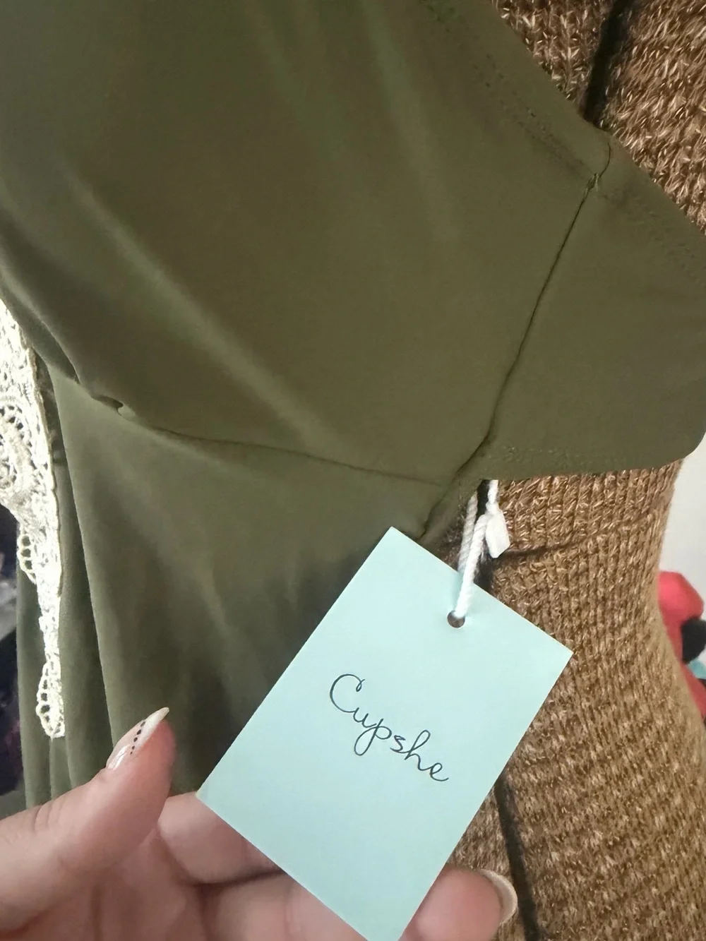 NWT Cupshe Olive Green V-Neck Vintage Lace-Trim One Piece Swimsuit, M